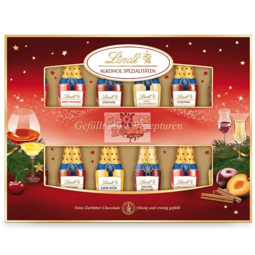 Lindt alkoholos csokoládéflaskák (Marc de Champagne, konyak, fahéjas szilva, tojáslikőr) 263g